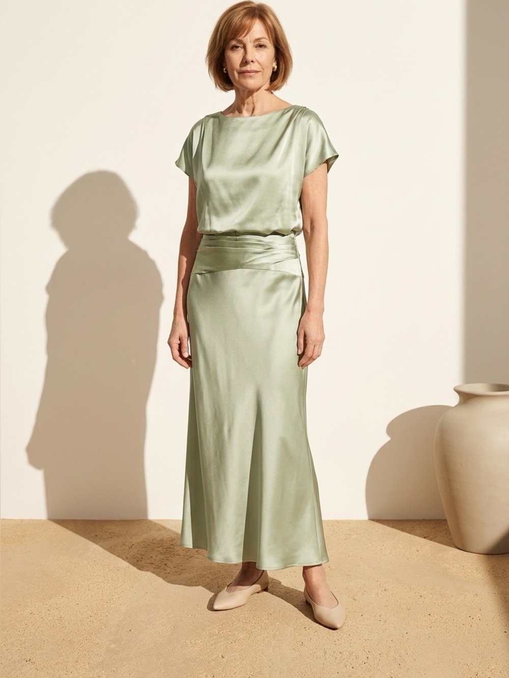 Satin Jewel-Tone Sage Green Evening Gown